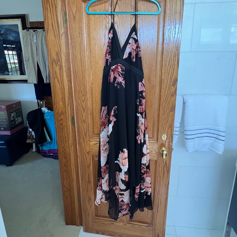 White House Black Market Black & Peach Sable Hi Low Halter Dress